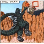 Godzilla Slam Dunking a Basketball