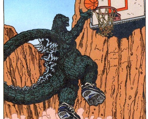 Godzilla Slam Dunking a Basketball