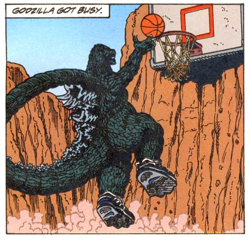 Godzilla Slam Dunking a Basketball