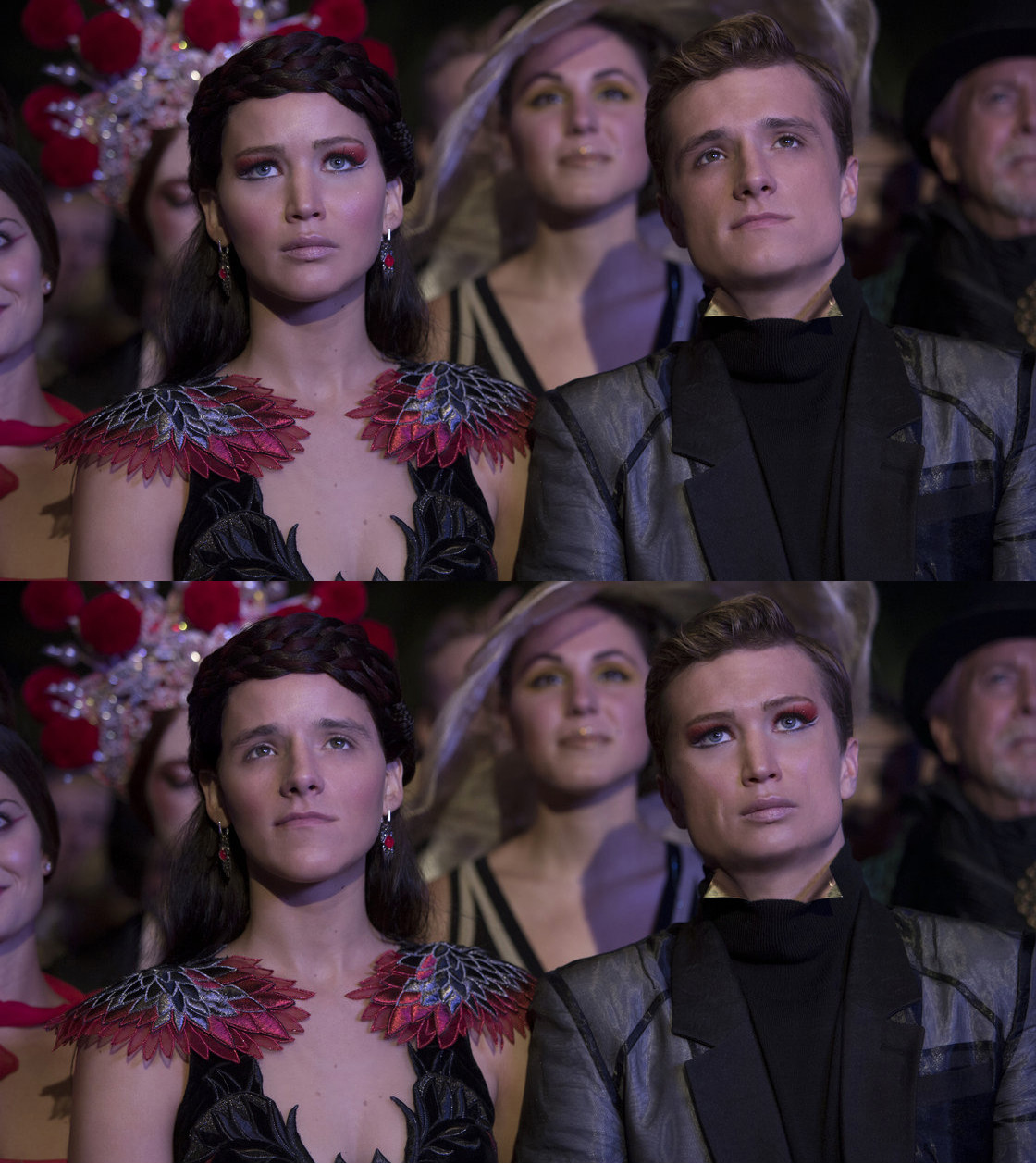Face swap of Katniss Everdeen (Jennifer Lawrence) and Peeta Mellark (Josh Hutcherson) from The Hunger Games: Catching Fire.